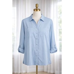 Chicos Women's Top Blue Chambray Pullover Roll Tab Sleeve Modal Size 2 Large